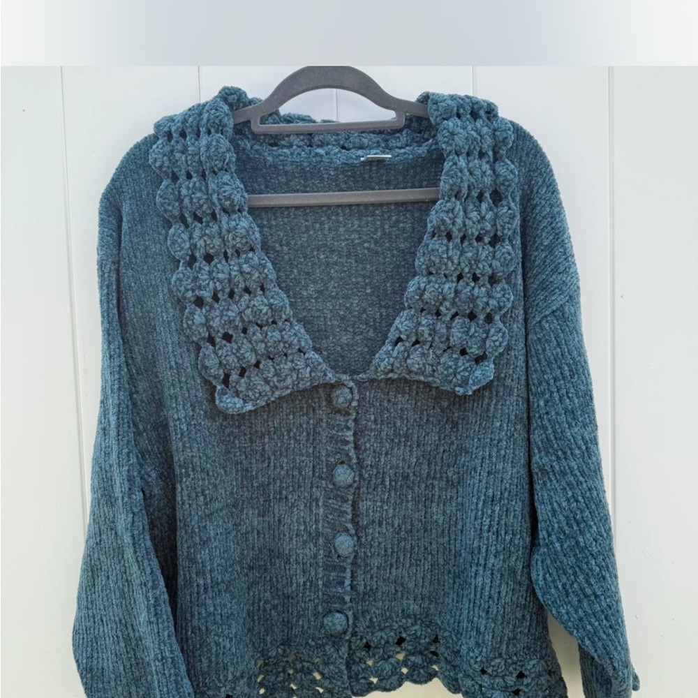 Teal Crochet Cardigan with button up front and collar